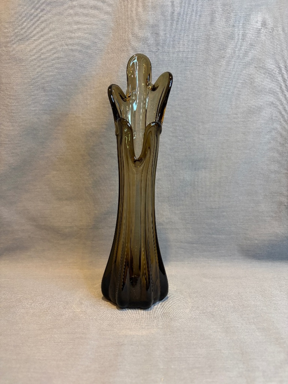 Swung Stretch Vase Art Glass 5 Finger Smoke Gray Vintage 10.75"